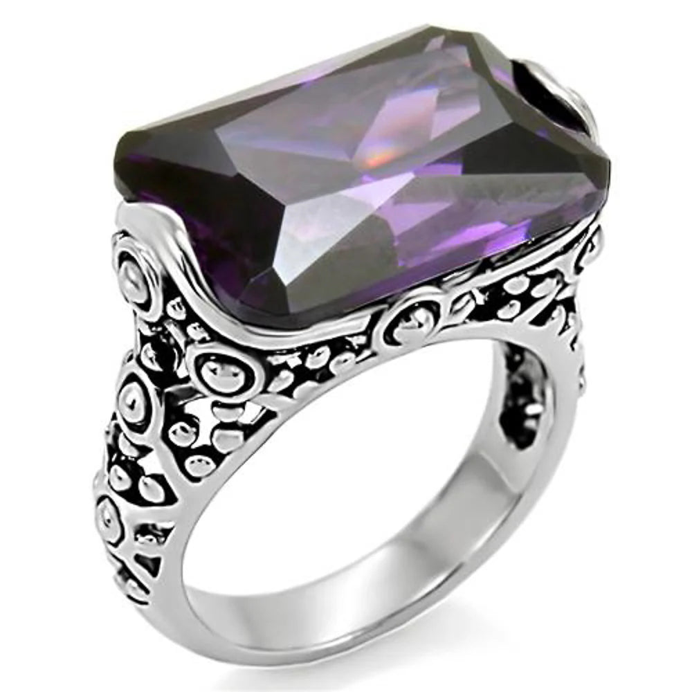 Stainless Steel 28 Ct Emerald Cut Amethyst CZ Antique Celtic Style Ring