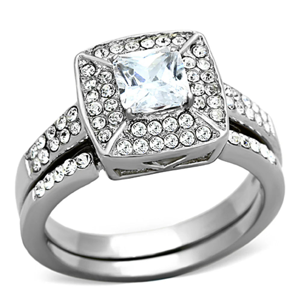 Princess Cut CZ Stainless Steel Wedding Ring Set Women's