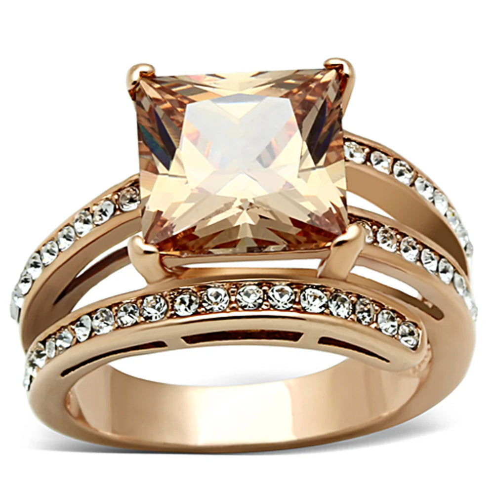 Princess Cut Champagne Zirconia Rose Gold Plated Cocktail Ring