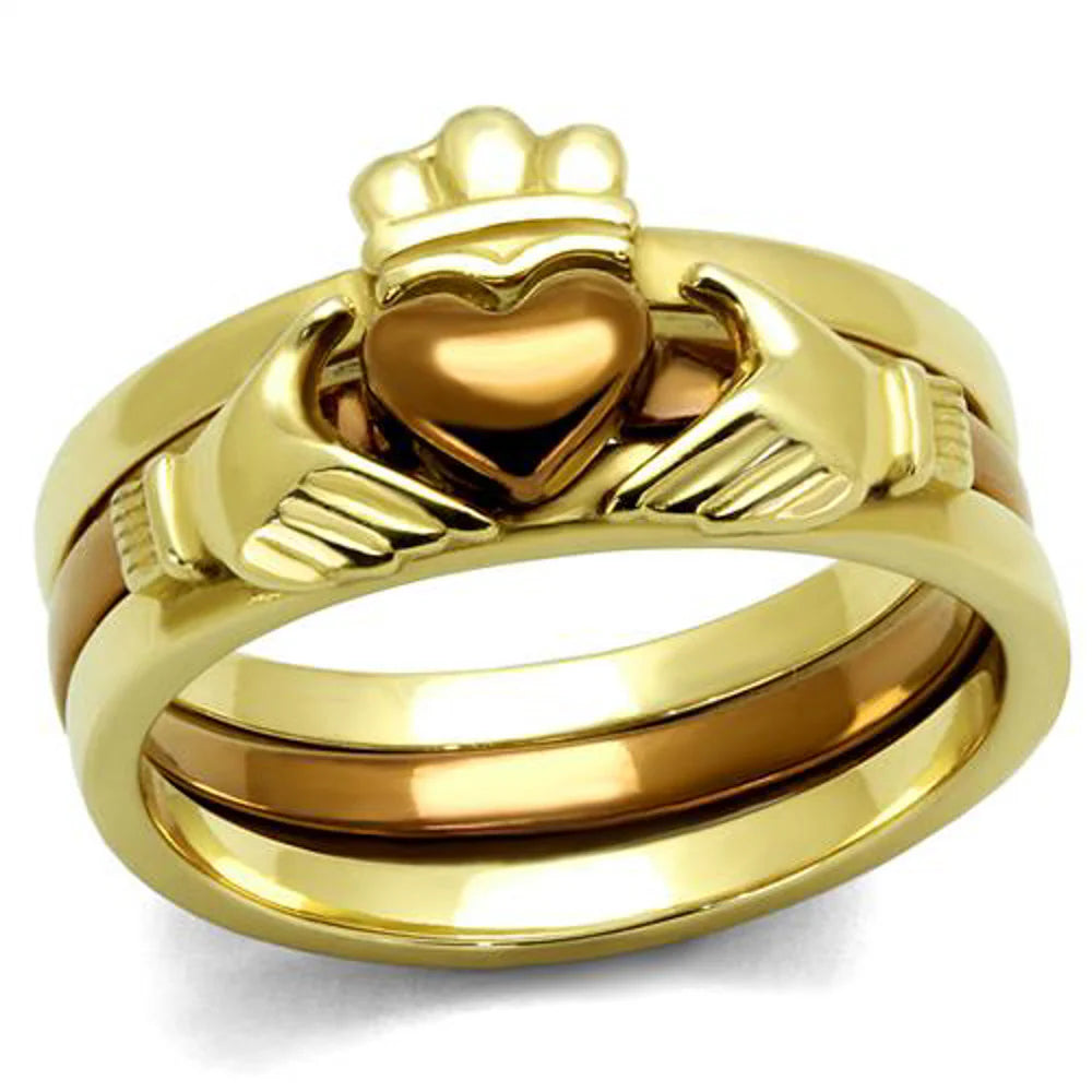 Two-toned Gold & Brown Stainless Steel Claddagh Fashion Ring