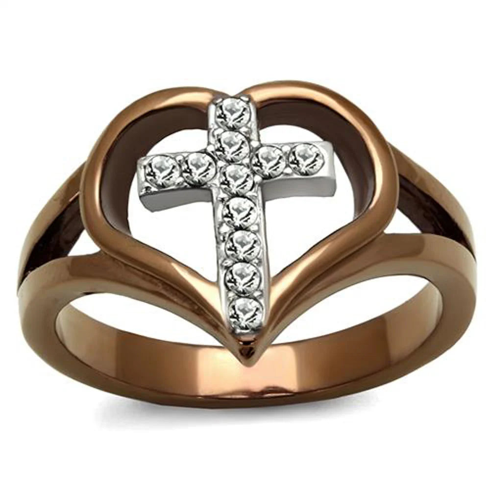 Light Coffee Stainless Steel Crystal Cross & Heart