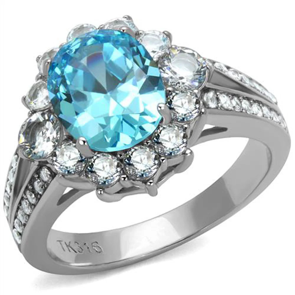 Oval Cut Sea Blue CZ Stainless Steel Halo Engagement Ring